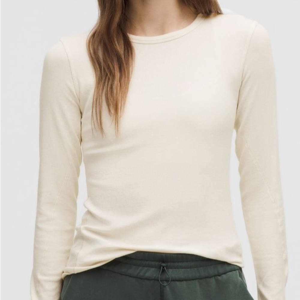 Lululemon‎ Ribbed Hold Tight Long Sleeve-Light Ivory-Callots in pictures-PTP-13"